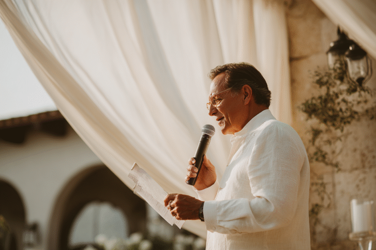 A man in a white shirt holds a microphone and paper, speaking outdoors in front of white drapes and a stone wall.