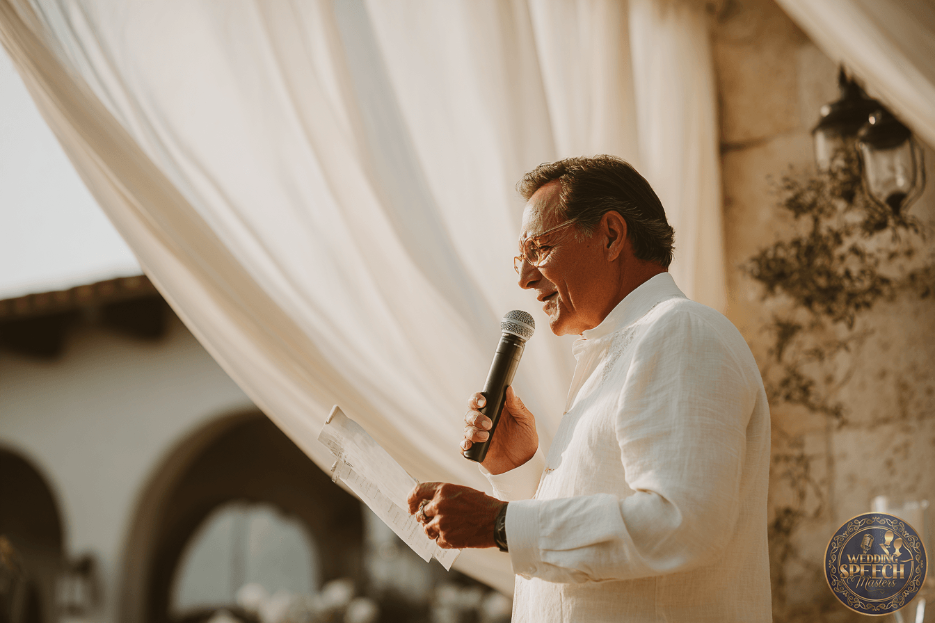 A man in a white shirt holds a microphone and paper, speaking outdoors in front of white drapes and a stone wall.