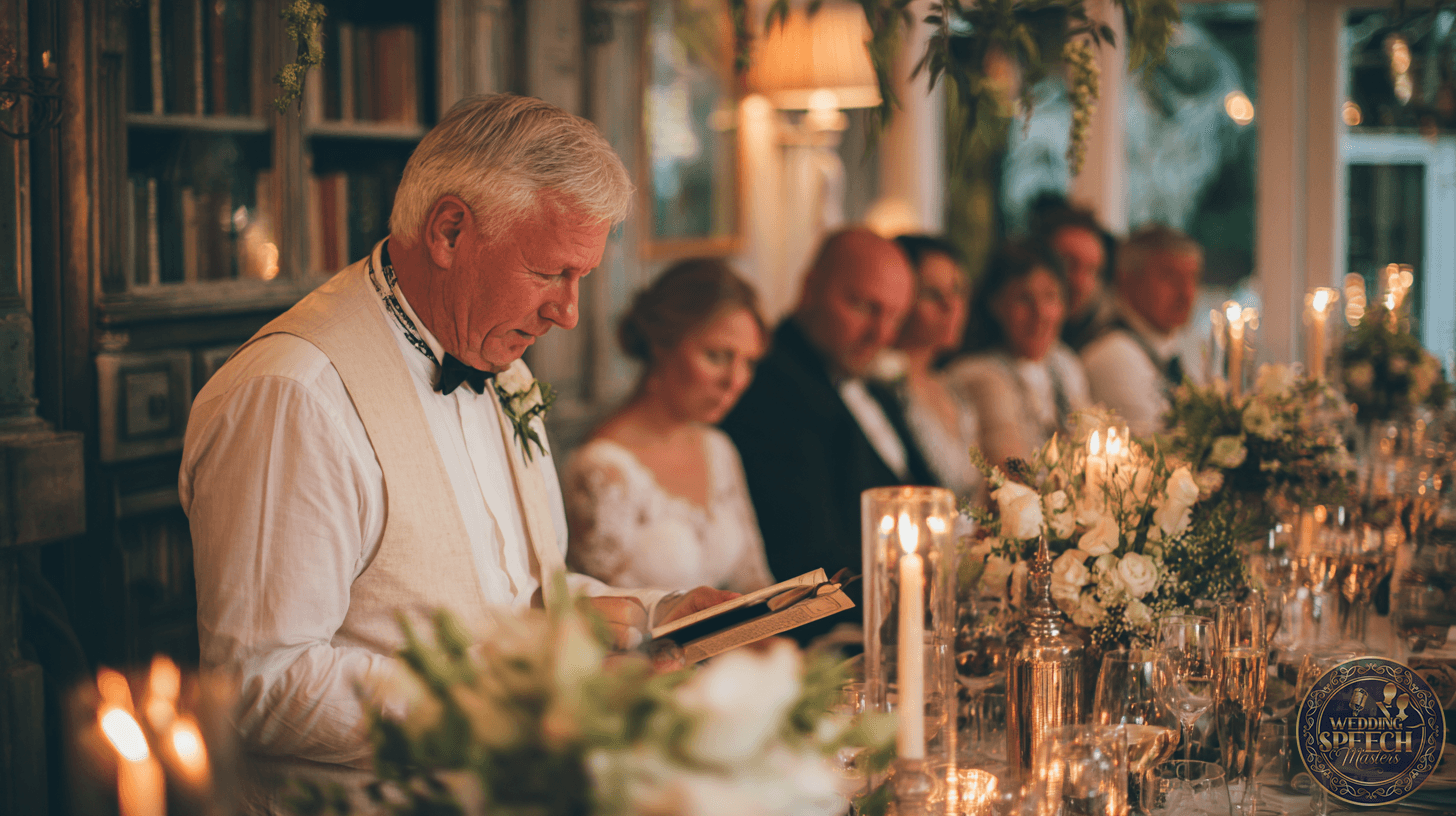 An older man in formal attire reads from A Standard Template for Writing a Wedding Meal Blessing at a candlelit dinner table, surrounded by seated guests and floral arrangements.
