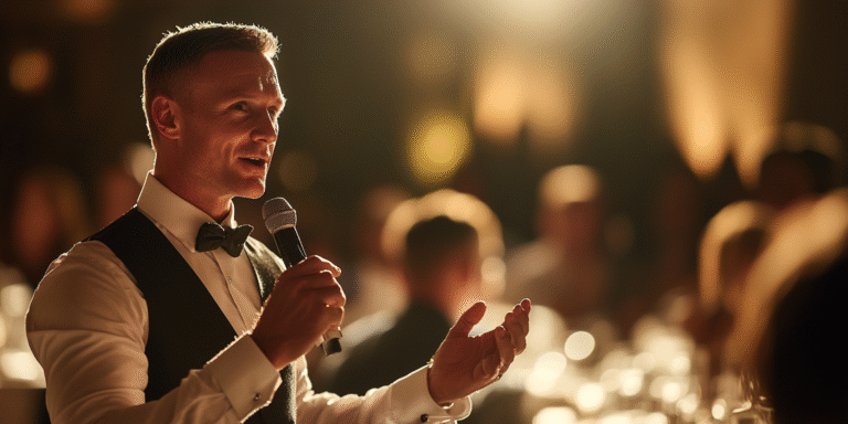 A man in formal attire speaks into a microphone at an indoor event, addressing an audience seated at tables in a warmly lit setting.