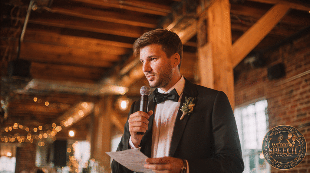 A man in a tuxedo holds a microphone and a piece of paper, speaking at an indoor event with exposed wooden beams and string lights.