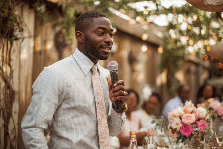 A man in a dress shirt and tie speaks into a microphone at an outdoor event; a table with flowers and bottles is in front of him, with people seated in the background.