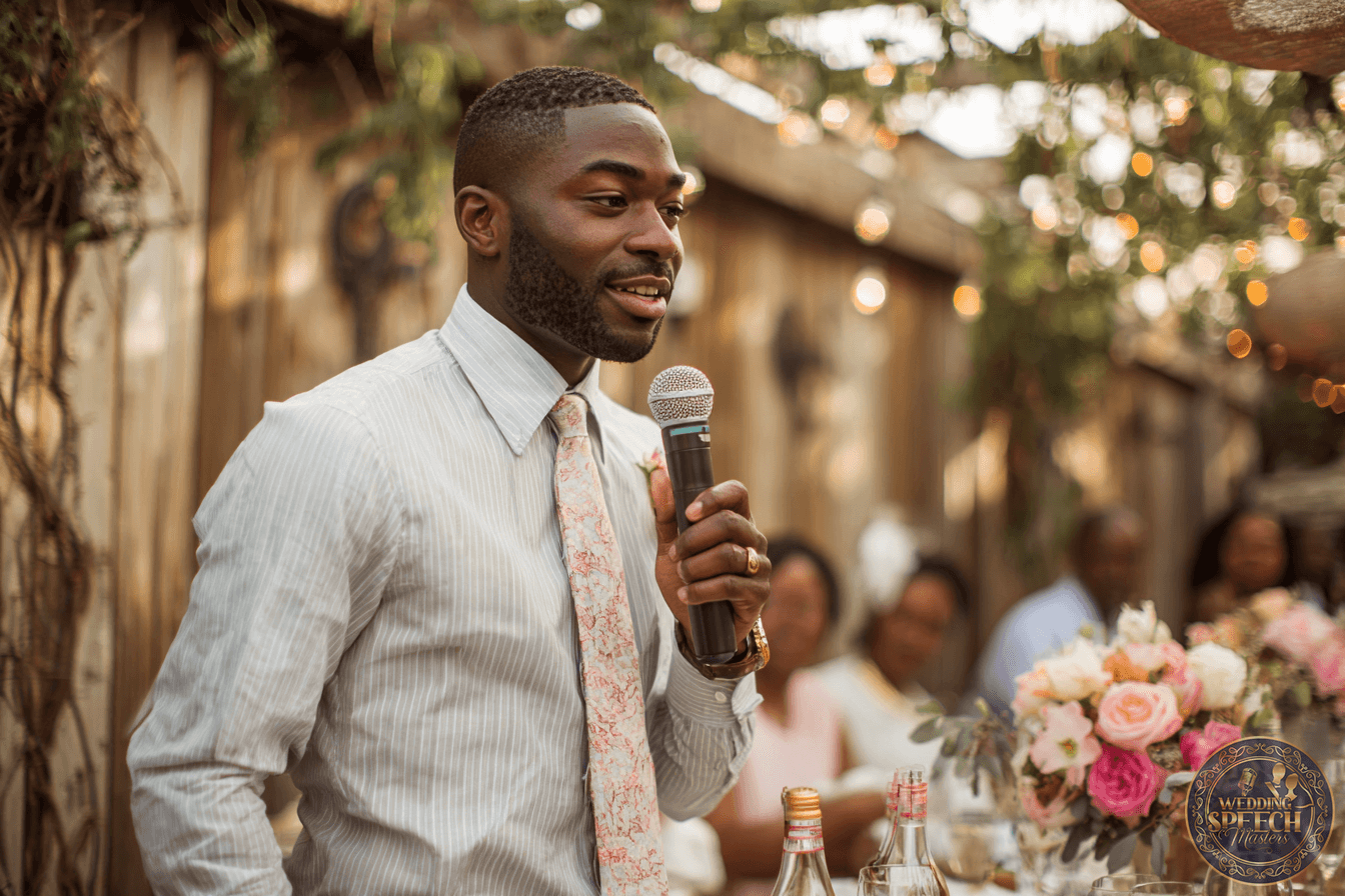 A man in a dress shirt and tie speaks into a microphone at an outdoor event; a table with flowers and bottles is in front of him, with people seated in the background.