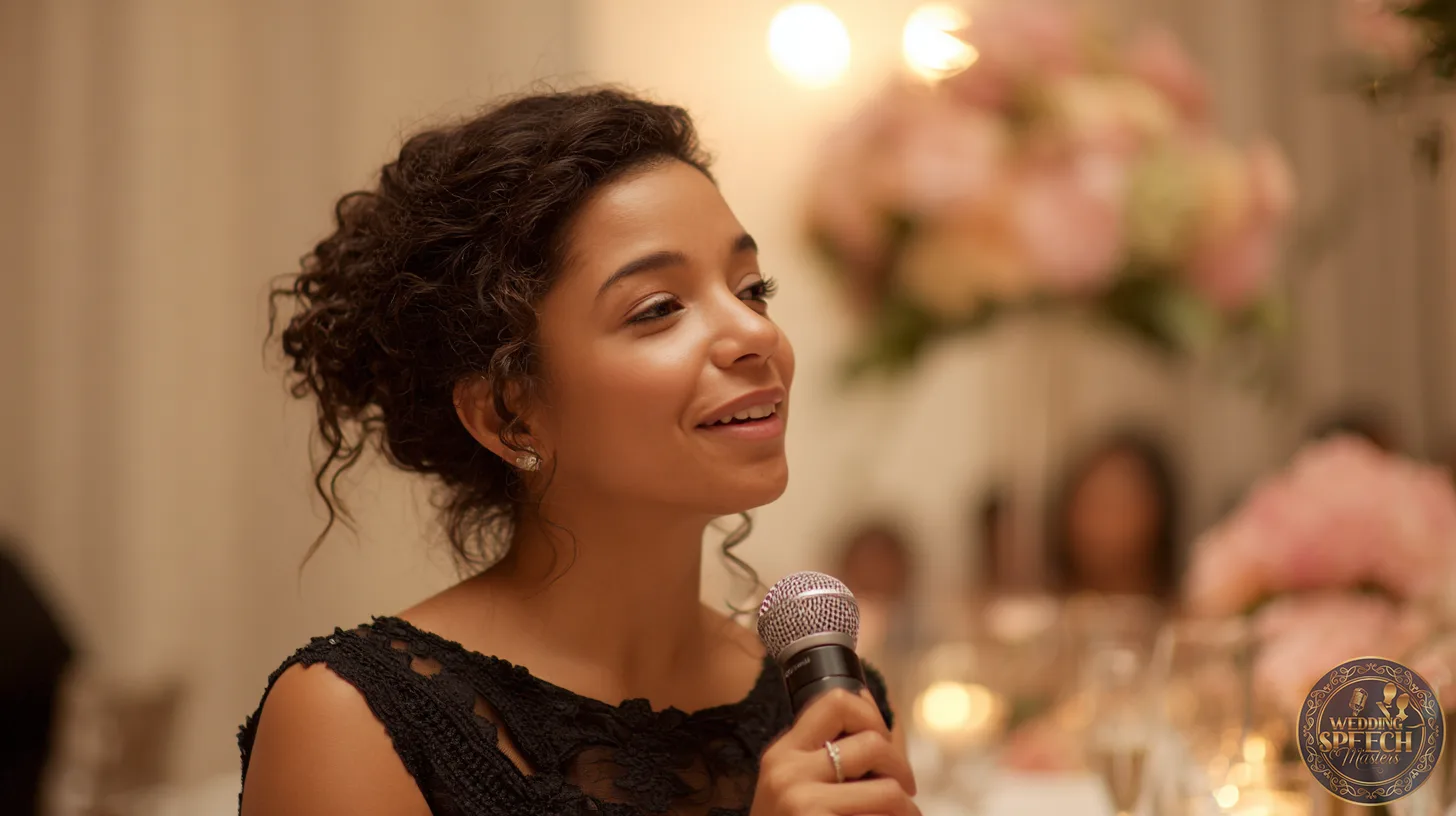 A woman holding a microphone offers heartfelt blessings for the couple’s future.