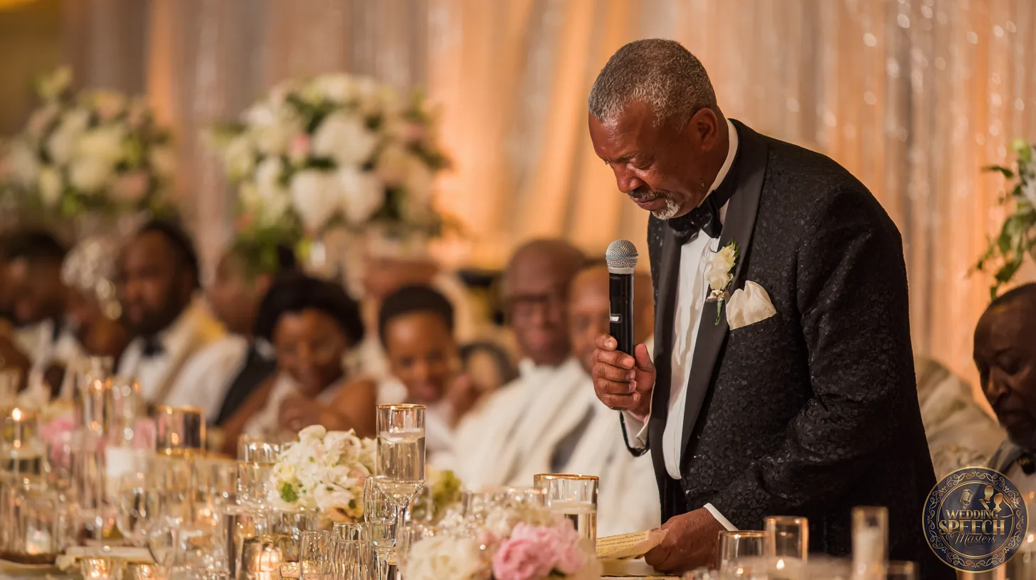 An older man in a tuxedo stands at a decorated banquet table, holding a microphone and reading Blessings for the Wedding Meal from his notes, while guests seated nearby listen attentively.