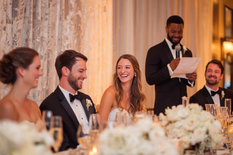 A bridal party sits at a decorated table, smiling and laughing, while a man in a tuxedo stands and reads from a piece of paper, possibly giving a speech at a wedding reception.