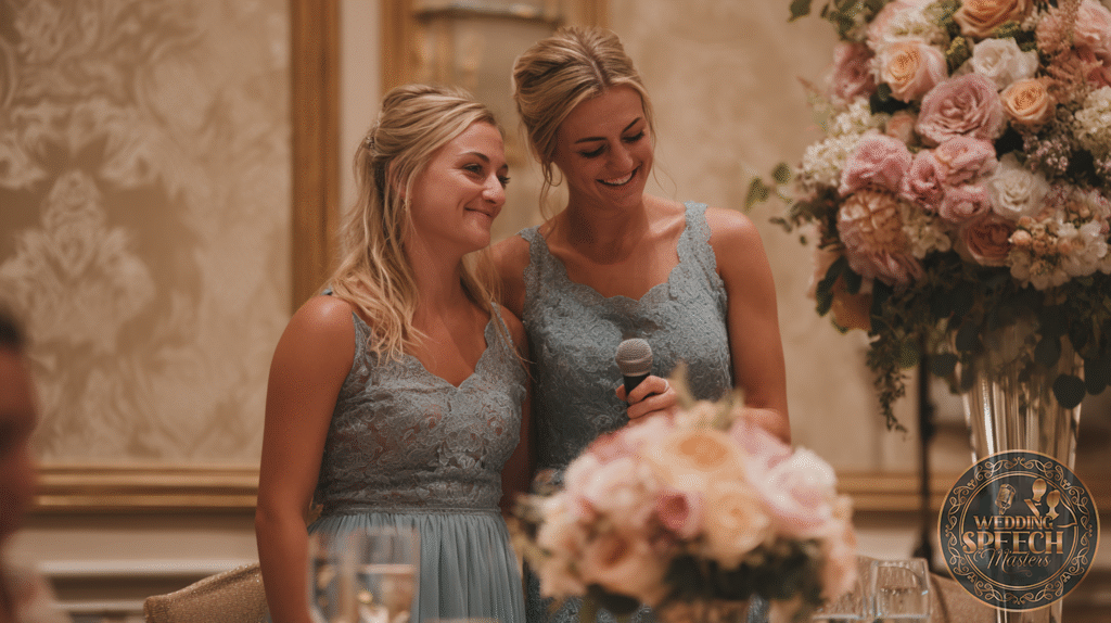 Two women in matching blue lace dresses stand close together, one holding a microphone, next to a large floral arrangement at an indoor event.