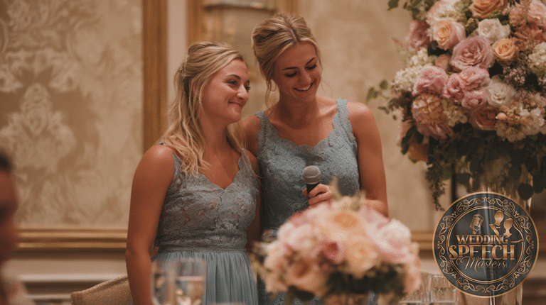 Two women in matching blue lace dresses stand close together, one holding a microphone, next to a large floral arrangement at an indoor event.