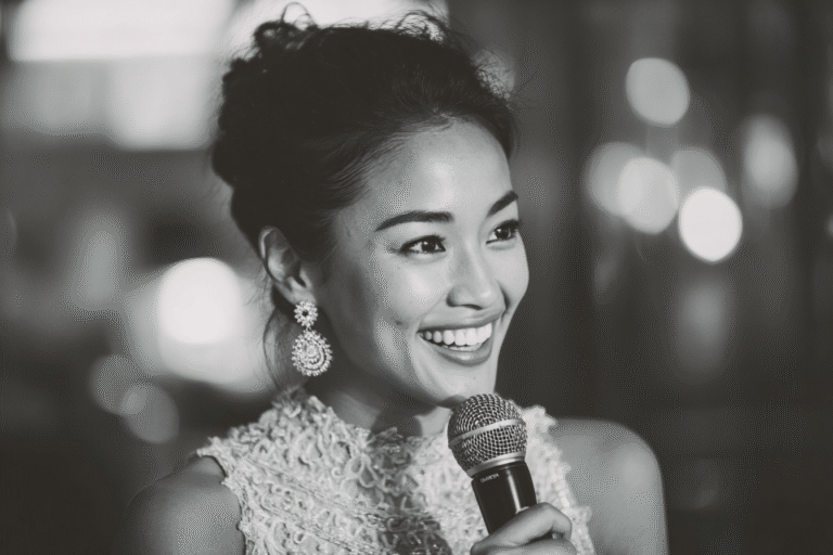 A woman in a lace dress smiles while holding a microphone, with blurred lights in the background. The photo is in black and white.