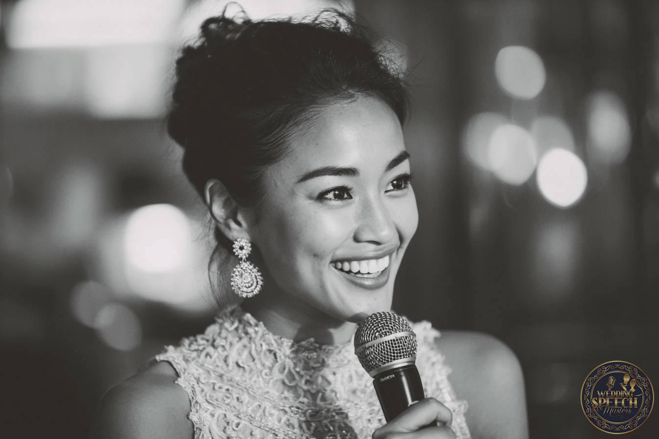 A woman in a lace dress smiles while holding a microphone, with blurred lights in the background. The photo is in black and white.