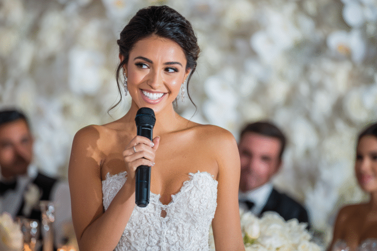 A bride in a strapless white wedding dress smiles while holding a microphone, with guests seated and blurred in the background.