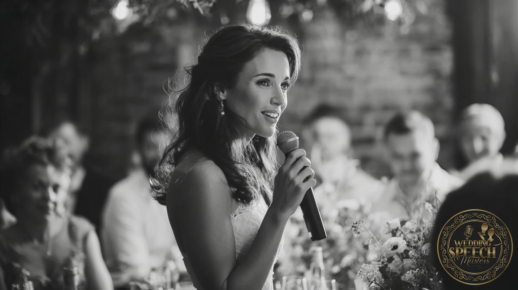 A woman in a white dress holds a microphone and speaks to a seated group of people at an indoor event.