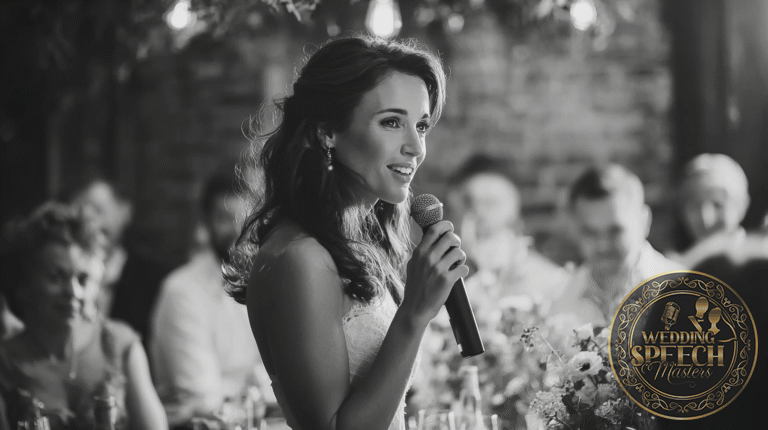 A woman in a white dress holds a microphone and speaks to a seated group of people at an indoor event.