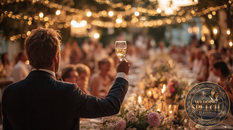 A person in a suit raises a glass in a toast at a long outdoor dinner table decorated with flowers and string lights, perhaps drawing inspiration from brief and memorable wedding toast examples during an evening gathering.