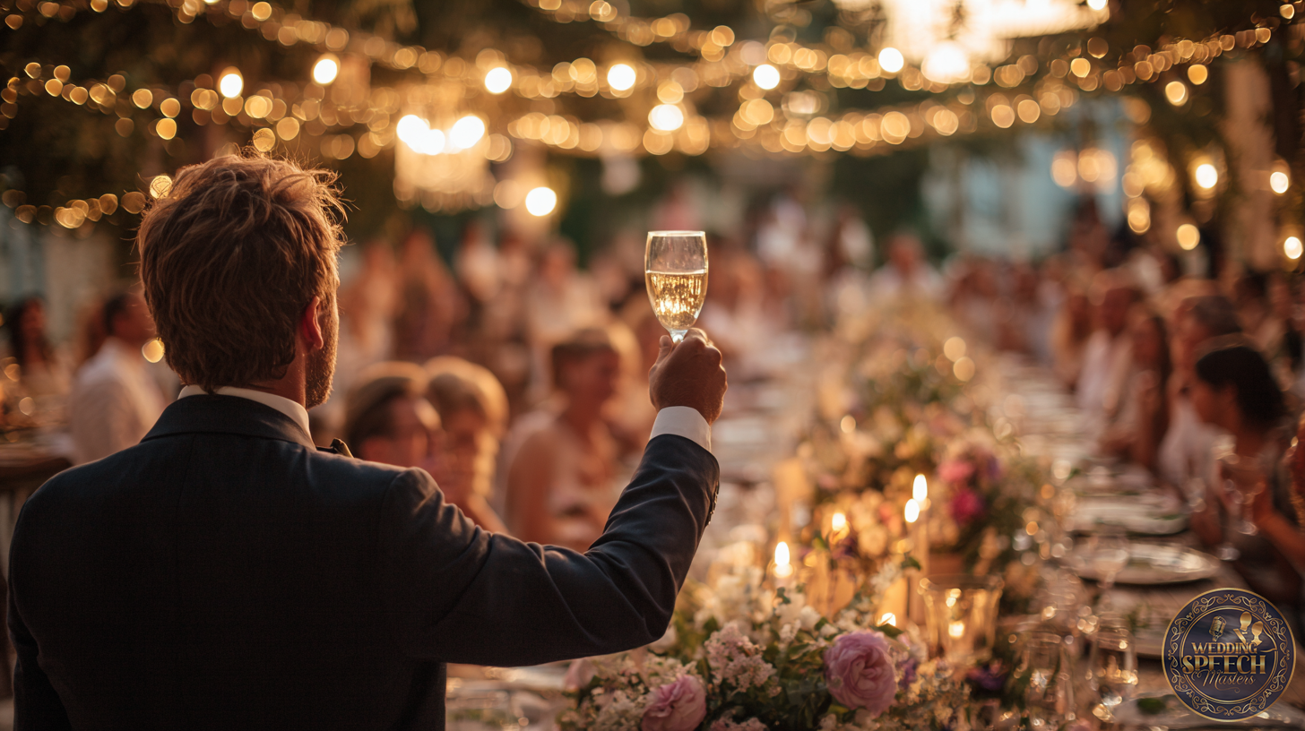 A person in a suit raises a glass in a toast at a long outdoor dinner table decorated with flowers and string lights, perhaps drawing inspiration from brief and memorable wedding toast examples during an evening gathering.