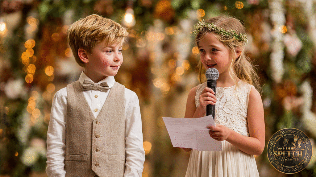 A young girl in a white dress and floral headband holds a microphone and paper, standing beside a boy in a vest and bow tie, with decorative lights in the background.