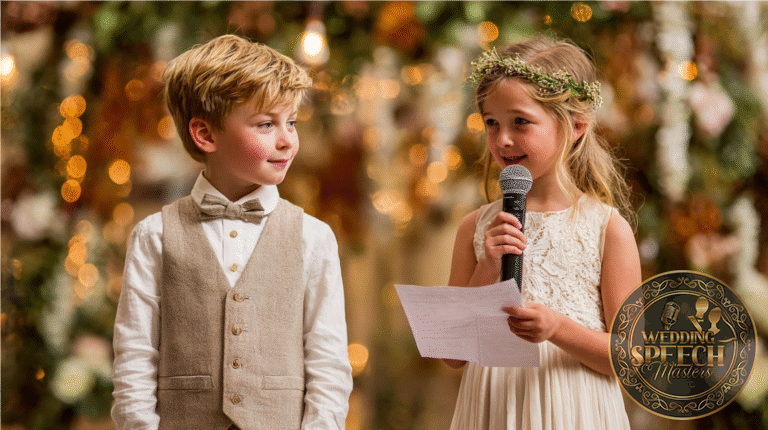 A young girl in a white dress and floral headband holds a microphone and paper, standing beside a boy in a vest and bow tie, with decorative lights in the background.