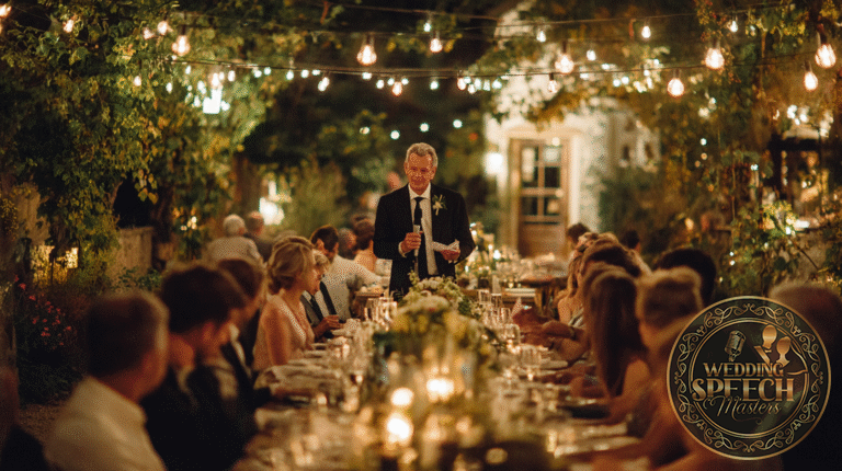 A man in a suit stands and speaks at an outdoor dinner table, creating meal blessings as guests gather under string lights at night.