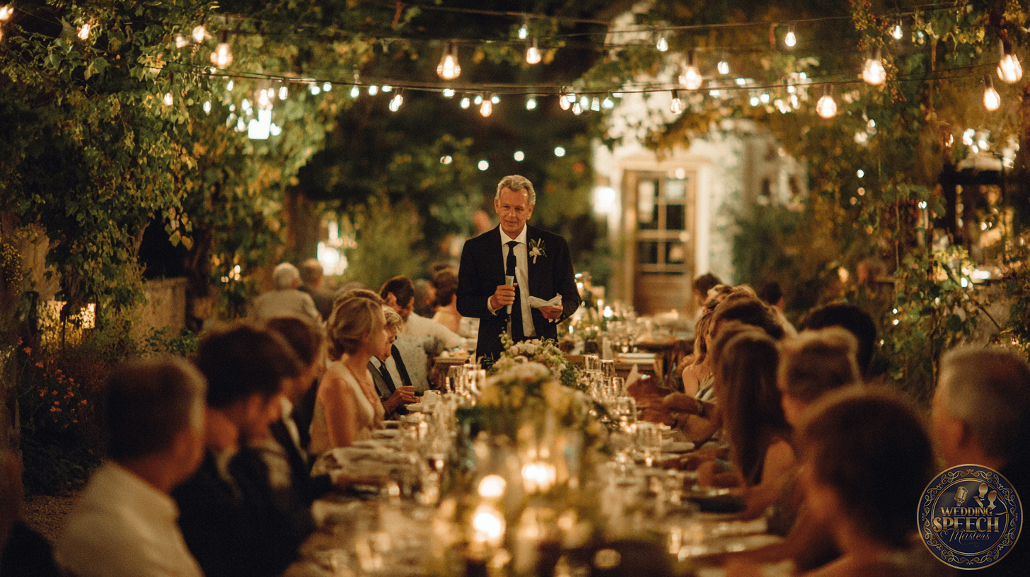 A man in a suit stands and speaks at an outdoor dinner table, creating meal blessings as guests gather under string lights at night.