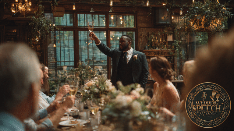 A man in a suit stands and raises a wine glass in a toast at a formal indoor gathering, connecting with the audience emotionally in wedding toasts as people sit around a beautifully decorated table.