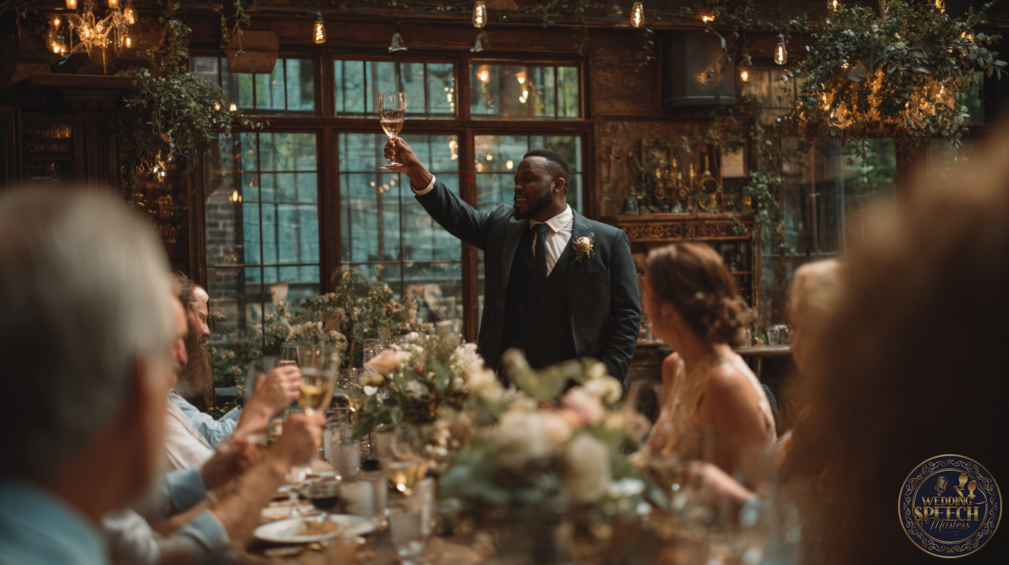 A man in a suit stands and raises a wine glass in a toast at a formal indoor gathering, connecting with the audience emotionally in wedding toasts as people sit around a beautifully decorated table.