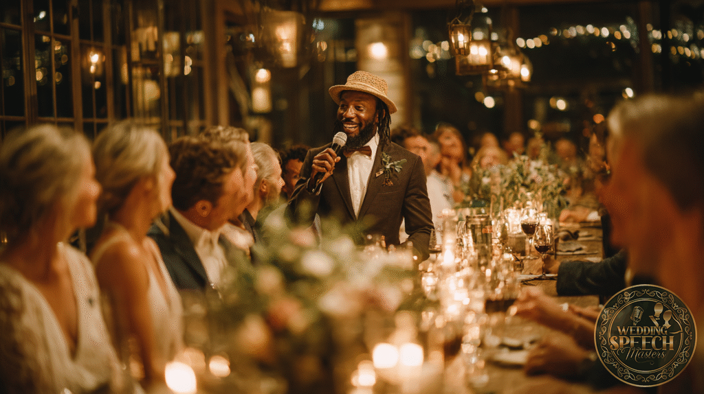 A man in a suit and straw hat speaks into a microphone at a long, candlelit dinner table during a formal gathering, sharing personalized wedding blessings with the newlyweds and their guests.