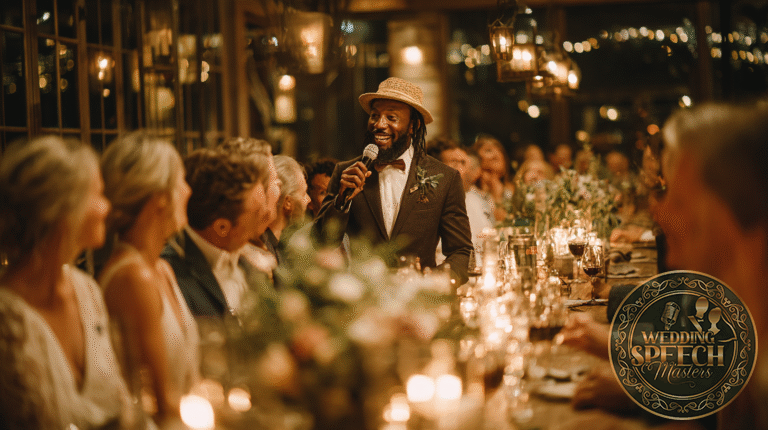A man in a suit and straw hat speaks into a microphone at a long, candlelit dinner table during a formal gathering, sharing personalized wedding blessings with the newlyweds and their guests.