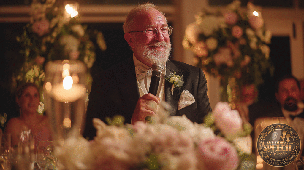 An older man in a suit and bow tie holds a microphone and smiles while giving a speech at a formal event, surrounded by flowers and soft candlelight.