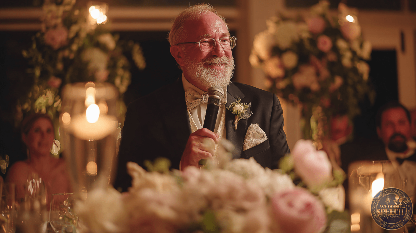 An older man in a suit and bow tie holds a microphone and smiles while giving a speech at a formal event, surrounded by flowers and soft candlelight.