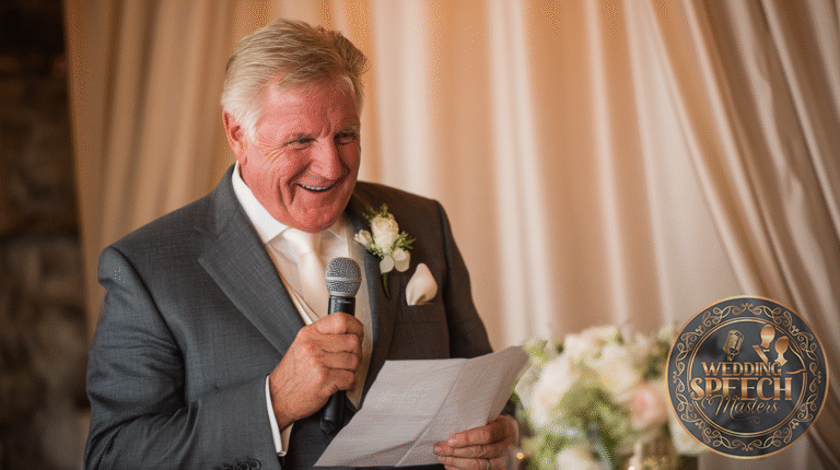 An older man in a suit and boutonniere holds a microphone and a piece of paper, smiling while speaking at an event with floral decorations and draped curtains.