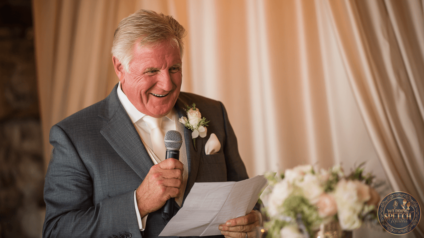 An older man in a suit and boutonniere holds a microphone and a piece of paper, smiling while speaking at an event with floral decorations and draped curtains.