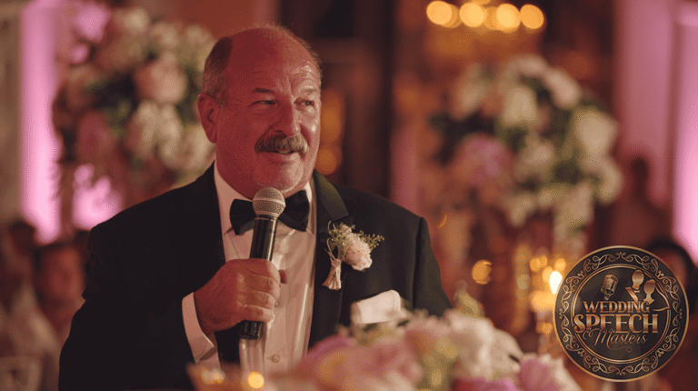 A man in a tuxedo holding a microphone gives a speech at a formal event decorated with flowers and candles.