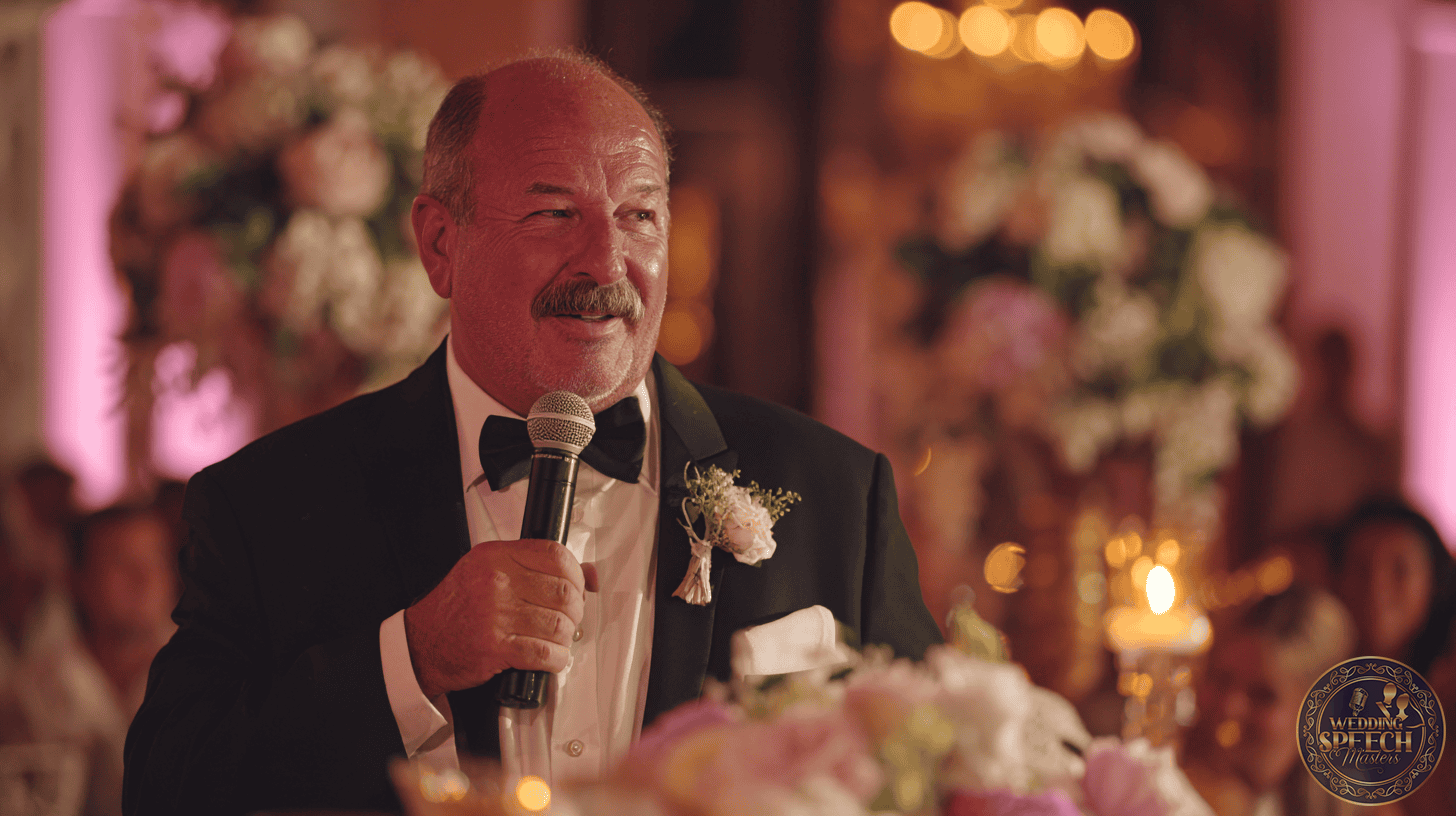 A man in a tuxedo holding a microphone gives a speech at a formal event decorated with flowers and candles.