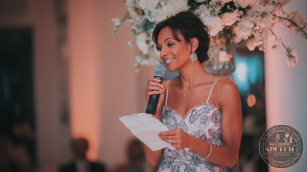 A woman in a floral dress holds a microphone and a piece of paper, speaking in front of a large flower arrangement at an indoor event.
