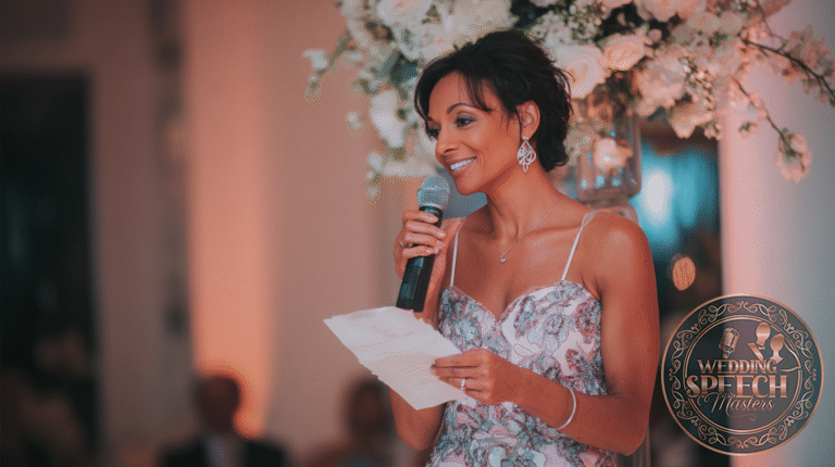 A woman in a floral dress holds a microphone and a piece of paper, speaking in front of a large flower arrangement at an indoor event.