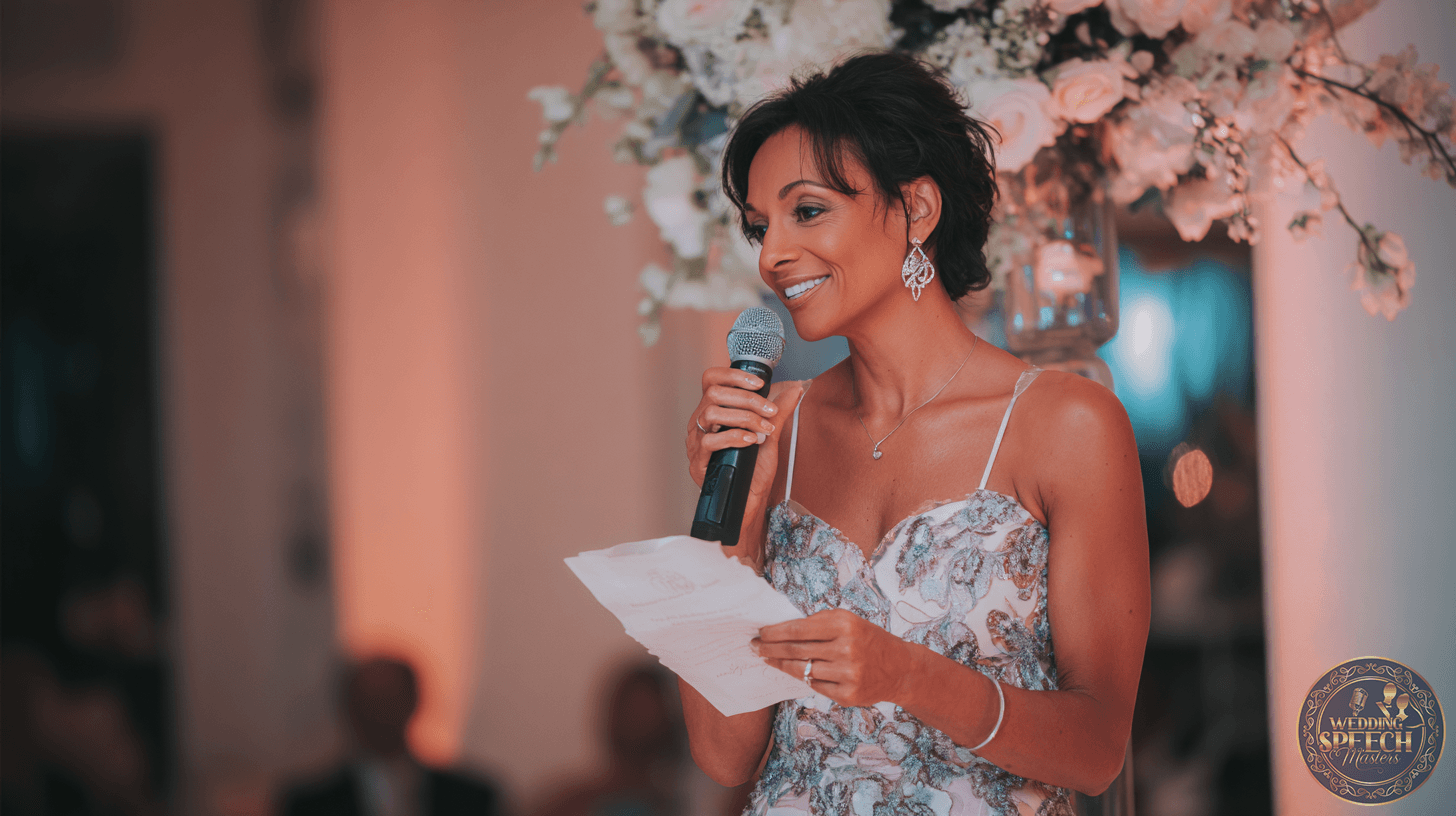 A woman in a floral dress holds a microphone and a piece of paper, speaking in front of a large flower arrangement at an indoor event.
