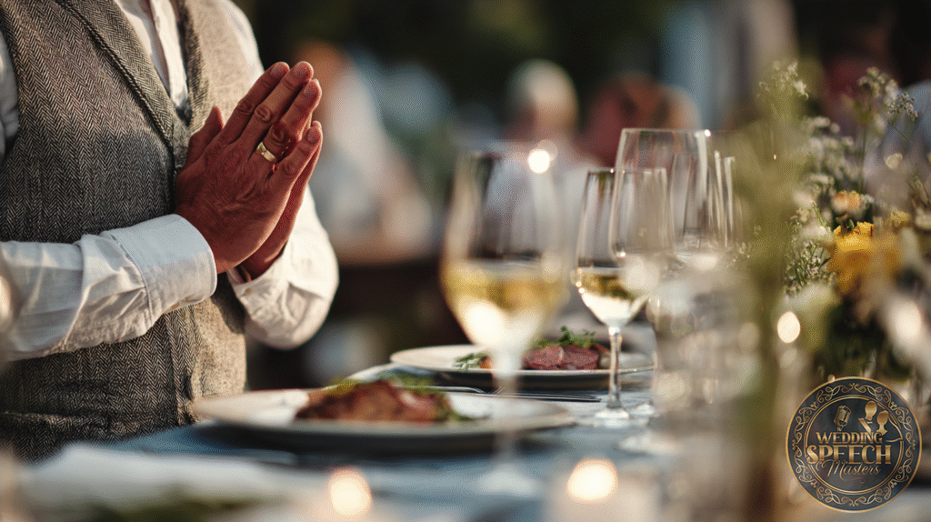 A person in a vest holds their hands together in front of their plate at a formal dinner table, thoughtfully crafting a meaningful meal blessing before enjoying the wine glasses and plates of food.