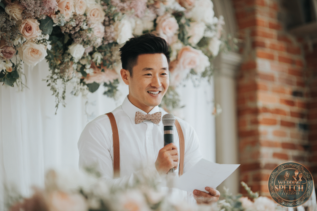 A man in a white shirt and bow tie holds a microphone and paper, speaking in front of a floral arrangement and brick wall.