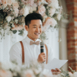 A man in a white shirt and bow tie holds a microphone and paper, speaking in front of a floral arrangement and brick wall.