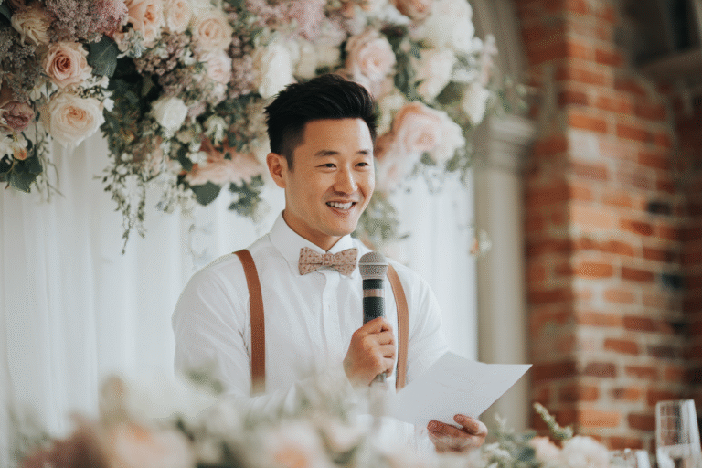 A man in a white shirt and bow tie holds a microphone and paper, speaking in front of a floral arrangement and brick wall.
