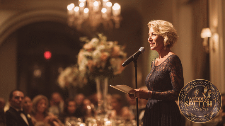 A woman in an evening gown stands at a microphone, holding notes, and addresses seated guests at a formal event in a dimly lit, elegant venue.