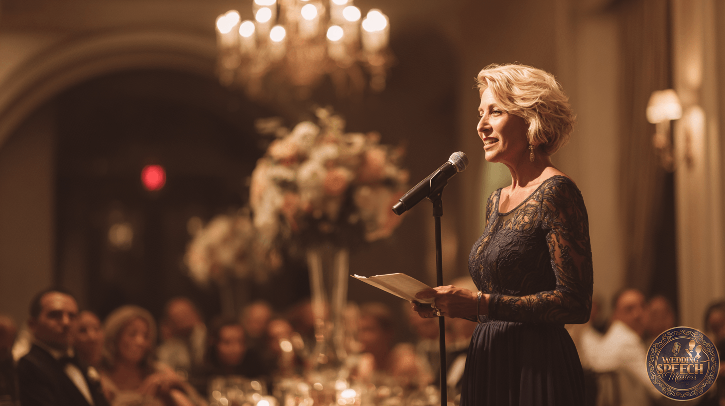 A woman in an evening gown stands at a microphone, holding notes, and addresses seated guests at a formal event in a dimly lit, elegant venue.