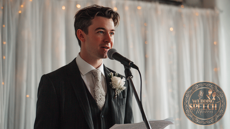 A man in a suit with a boutonnière speaks into a microphone, holding papers, with white drapes and string lights in the background.
