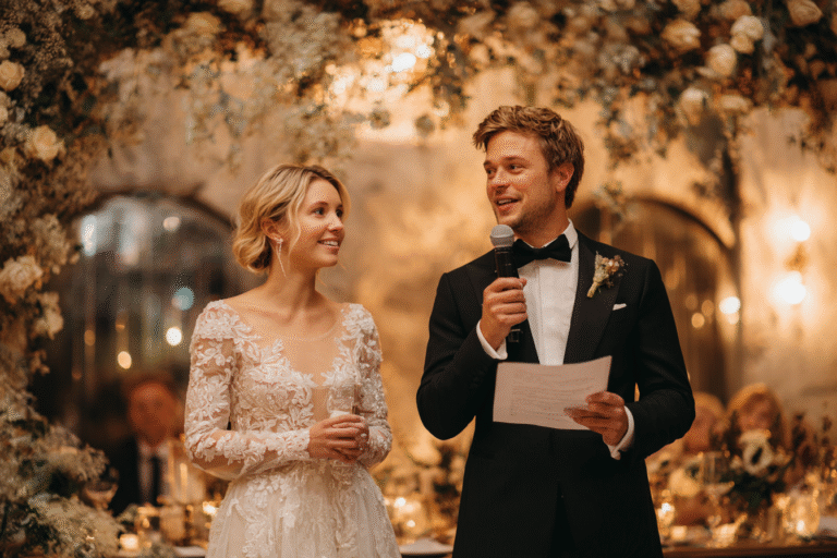 A bride and groom stand together at a decorated venue; the groom speaks into a microphone while holding notes, and the bride smiles, holding a glass.