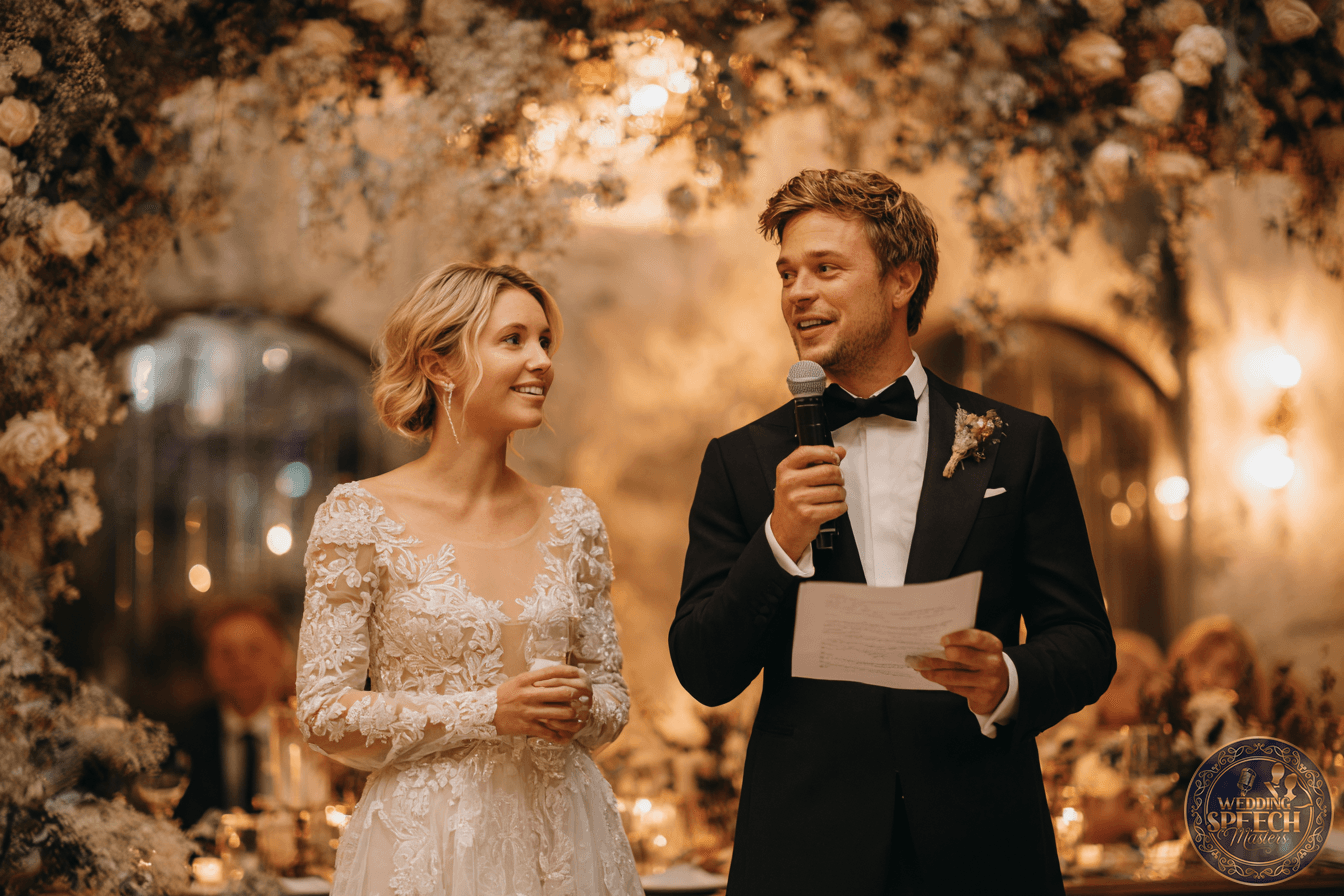 A bride and groom stand together at a decorated venue; the groom speaks into a microphone while holding notes, and the bride smiles, holding a glass.
