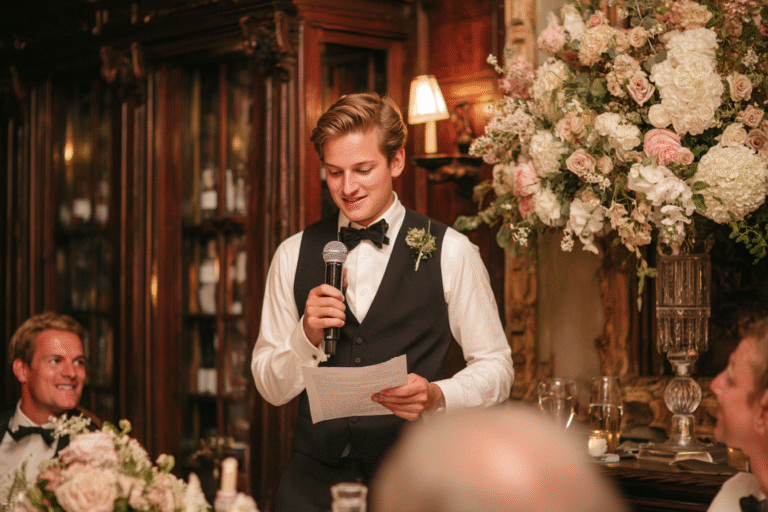 A young man in formal attire holds a microphone and speech paper, speaking at a decorated event with large floral arrangements and seated guests.