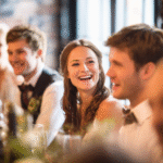 A group of people dressed formally sit at a decorated table, smiling and talking in a warmly lit setting.
