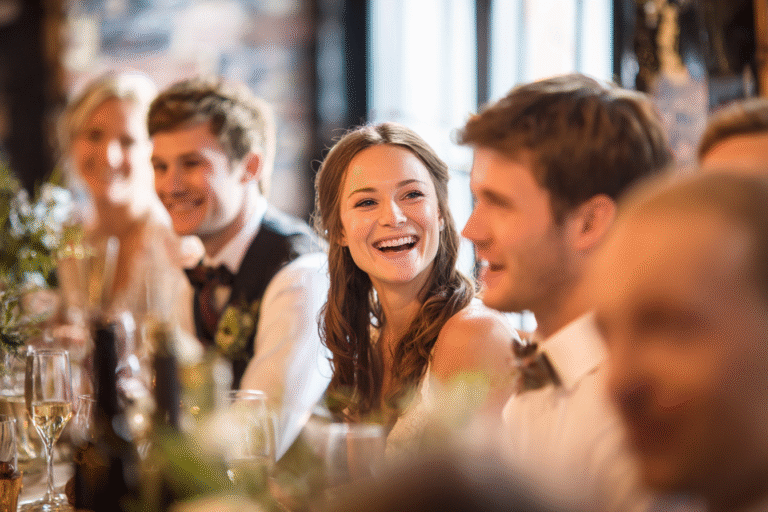 A group of people dressed formally sit at a decorated table, smiling and talking in a warmly lit setting.