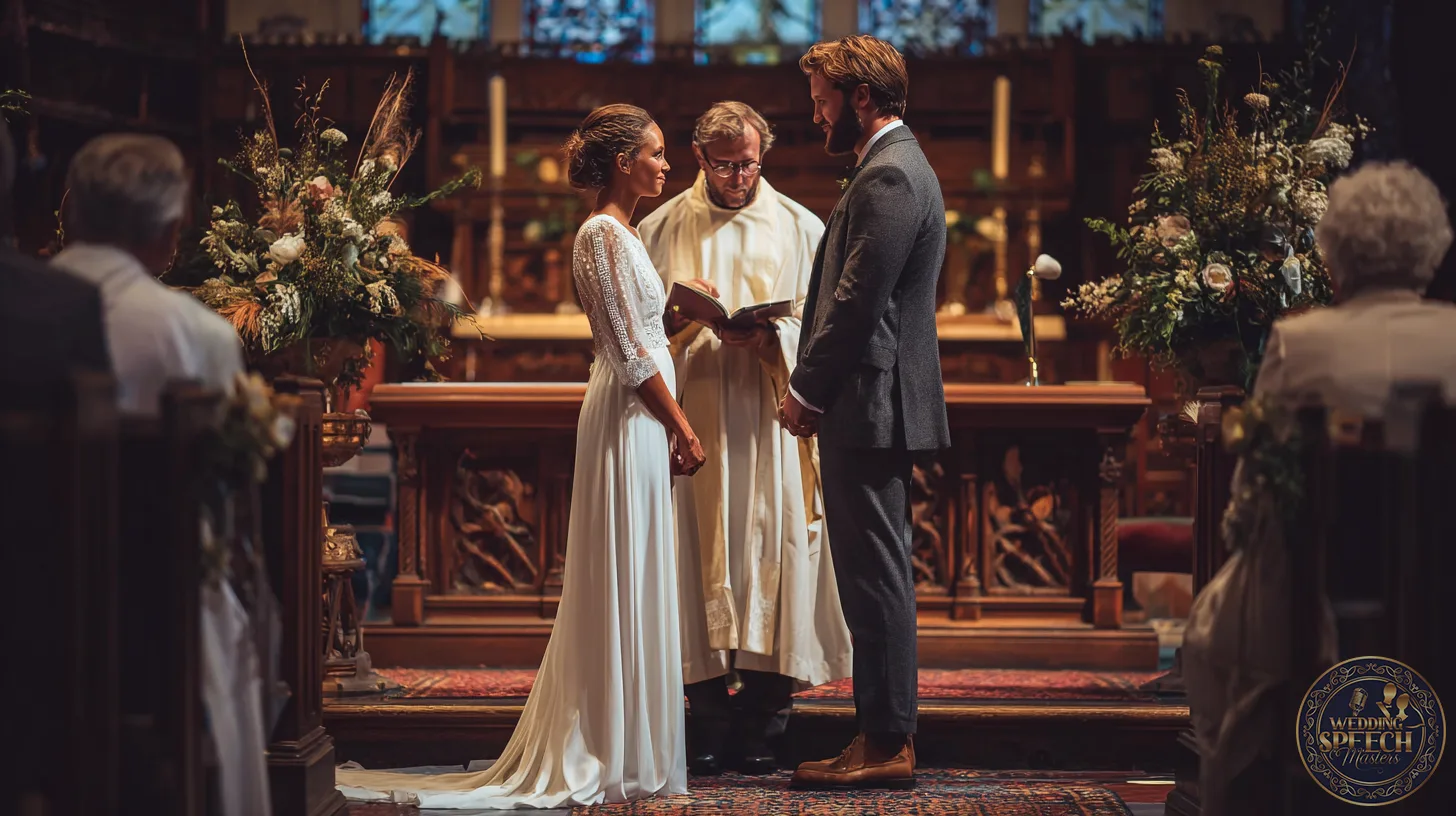 A bride and groom stand facing each other at the altar in a church, holding hands as a priest reads from a book during their wedding ceremony, exchanging cultural and religious vows.