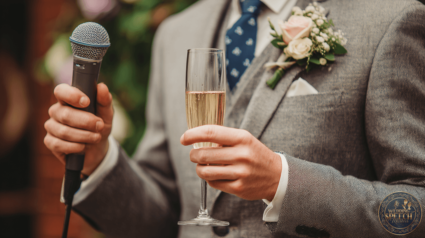Person in a suit holding a microphone and a glass of champagne, with a boutonniere on the jacket, likely giving a speech or offering Cultural or Religious Toasts at an event.